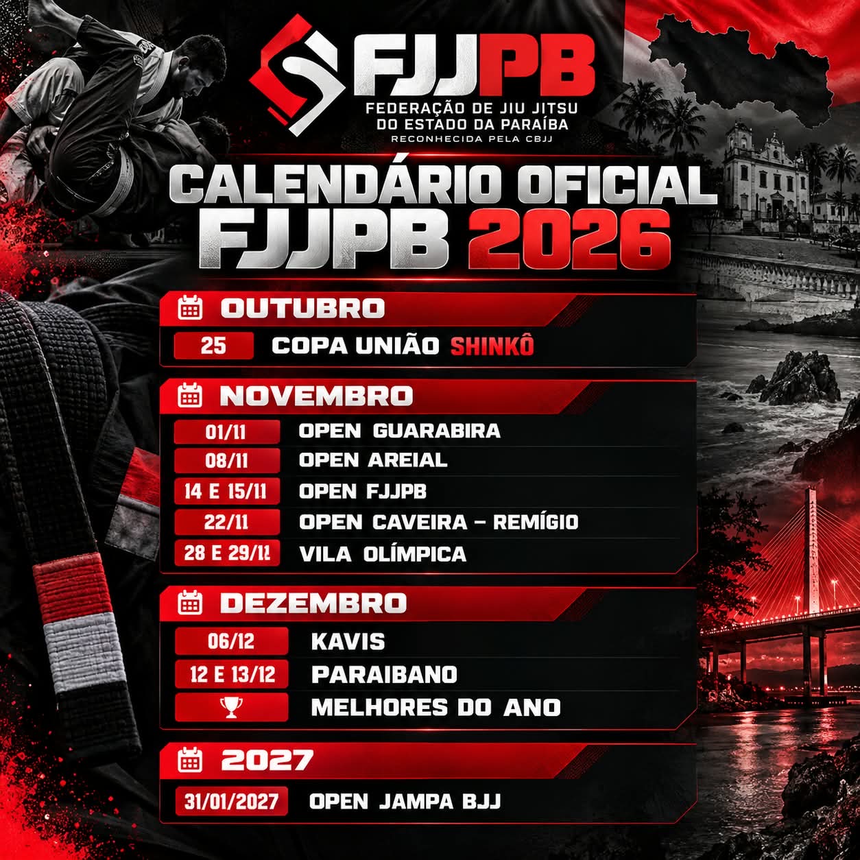 Calendário de eventos FJJPB 2026